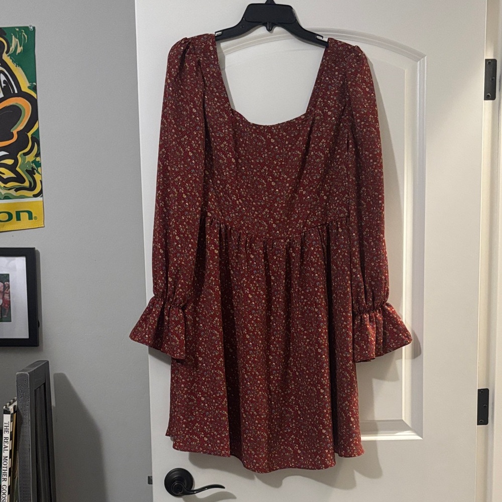 SHEIN Rust Floral Long-Sleeve Square Neck Mini Dress